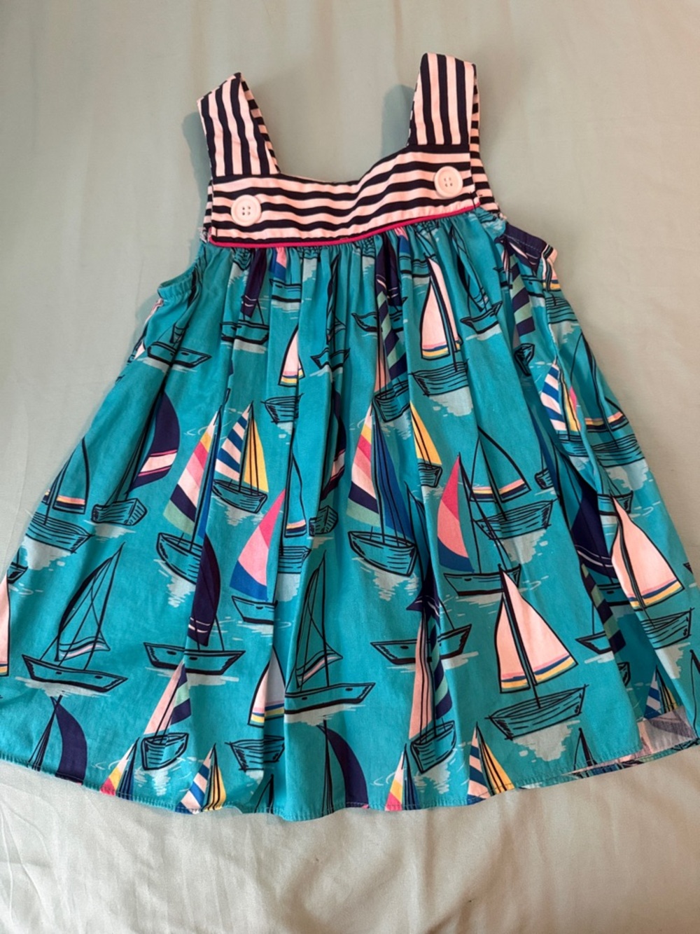 Girls' Teal Sailboat Print Sundress with Striped Bodice